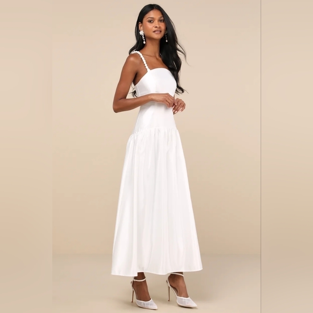 Lulus Modern Adoration White Satin Backless Lace-Up Maxi Dress Wedding Party - Picture 3 of 10